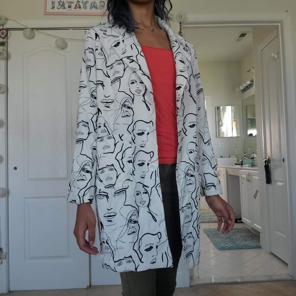 lightweight white professional long coat jacket with face illustrations - Picture 1 of 6